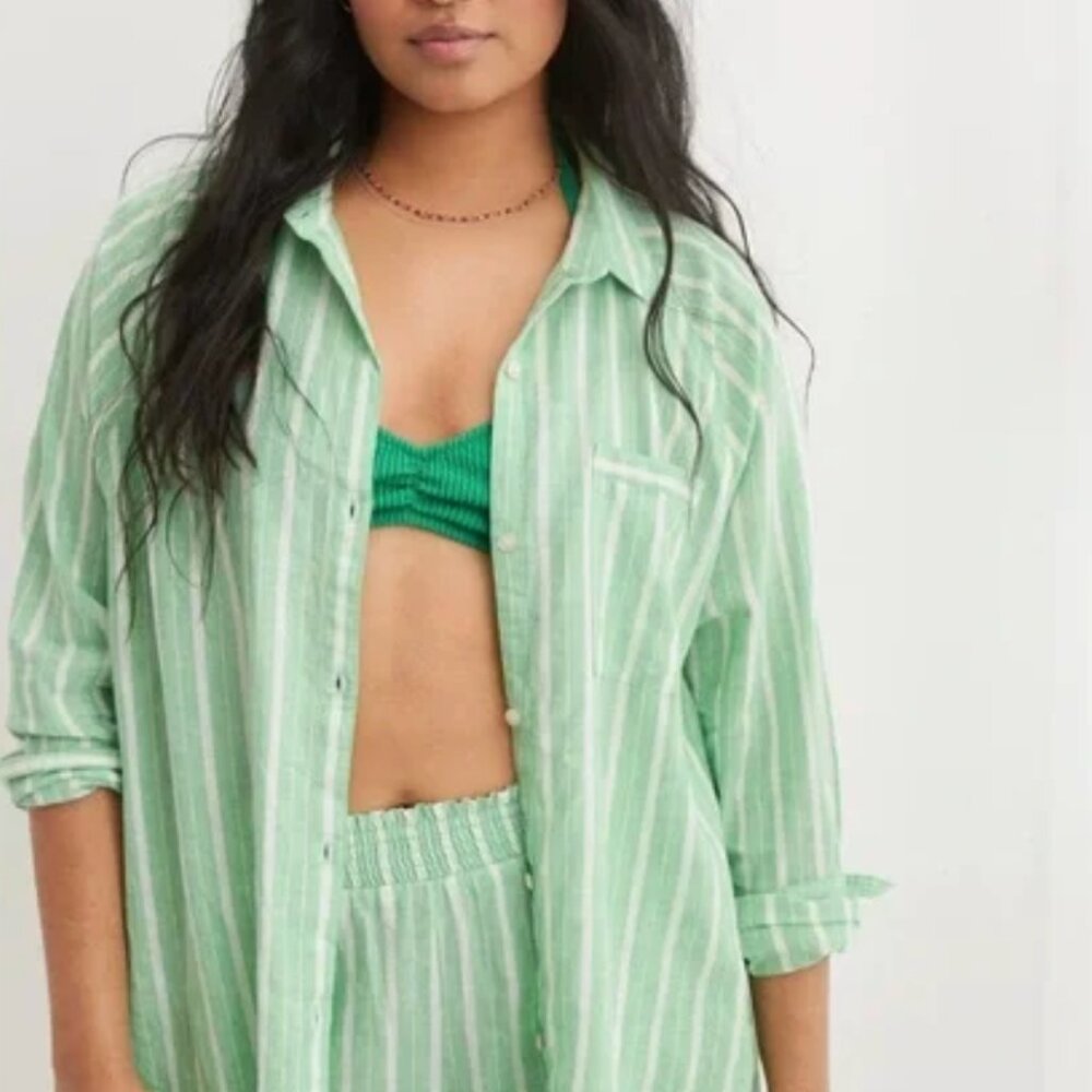 NWOT Eclectic Grandpa/ Coastal Grandmother Lime Green Oversized Linen Button Up